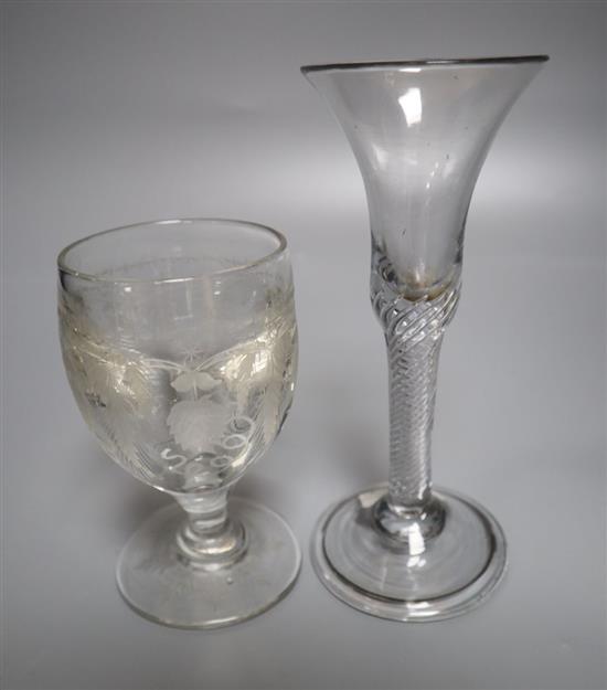 A George III deceptive glass rummer and an airtwist stem wine glass c.1740, height 17cm